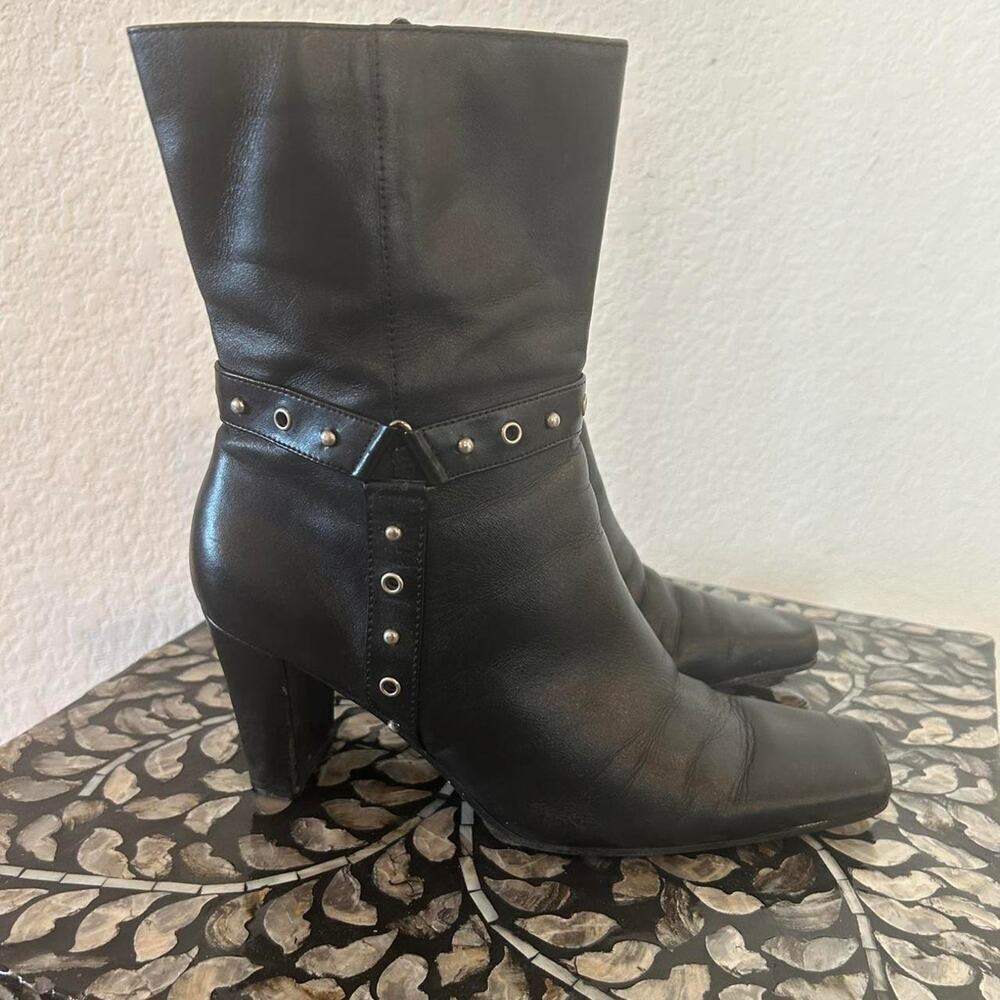 Y2K Black leather‎ square toe ankle boots with silver studs and buckle detail